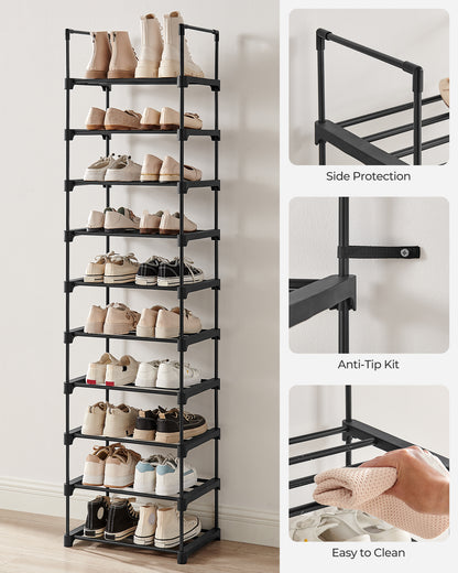 SONGMICS Shoe Rack, 10 Tier Shoe Organizer, Metal Shoe Storage Shelf for 20 Pairs of Shoes, Easy to Assemble, Entryway, Black