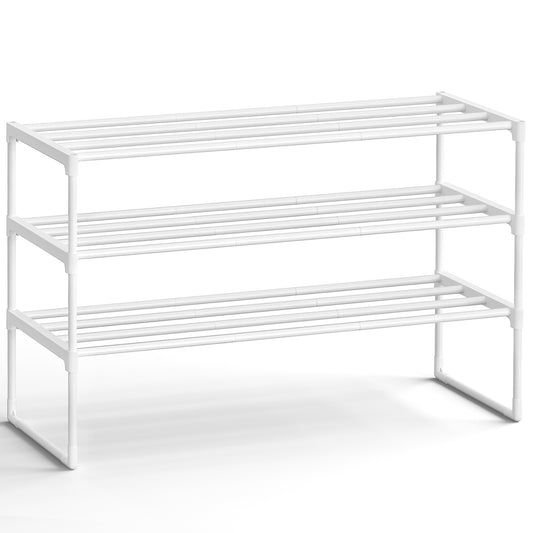 3-Tier Stackable Shoe Rack, 36.2 Inch Metal Shoe Organizer with 22 lb per Tier Capacity, Upright & Reversible for Hallway, Pearl White