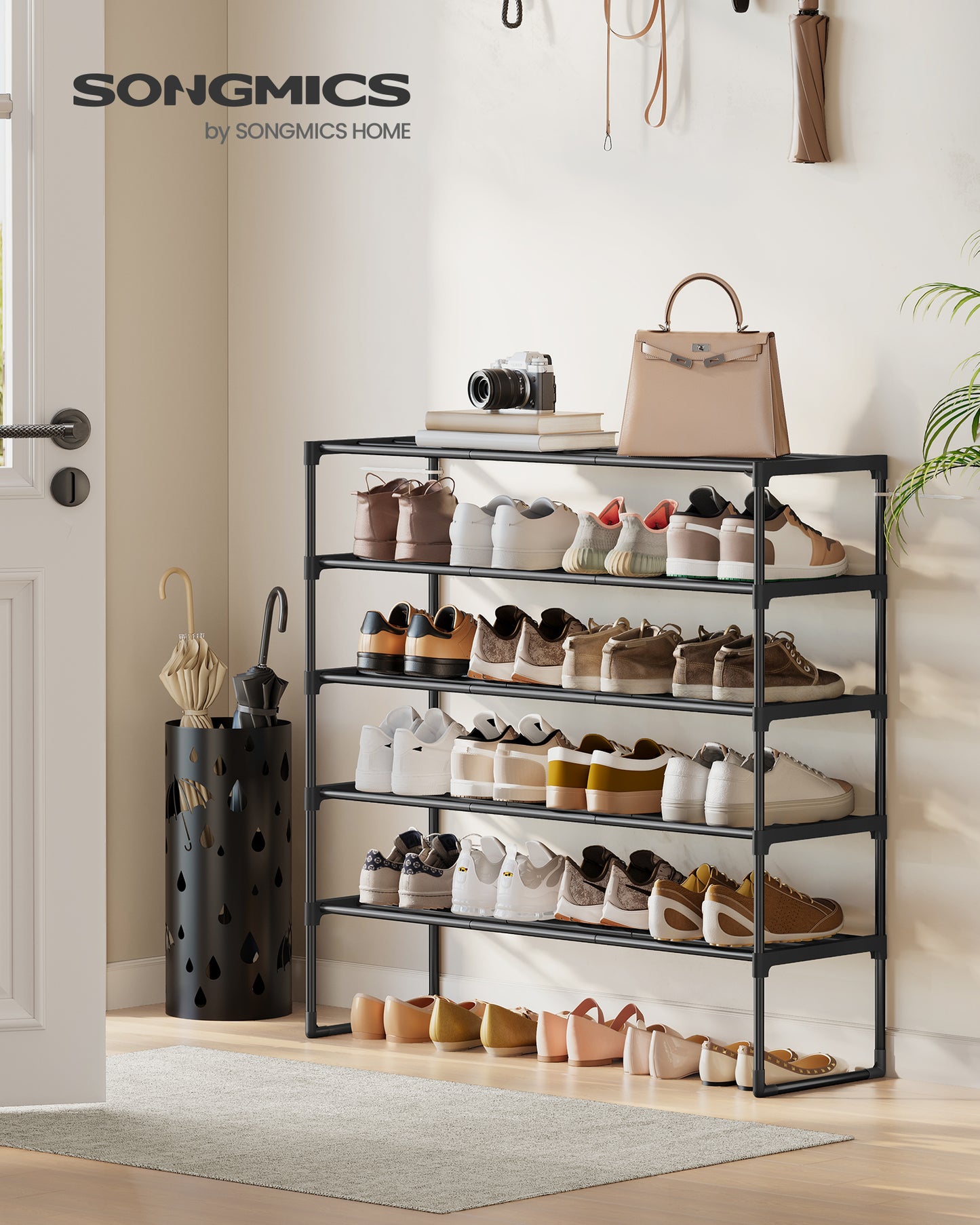 5-Tier Stackable Shoe Rack, 36.2 Inch Metal Shoe Organizer with 22 lb per Tier Capacity, Upright & Reversible for Entryway, Black