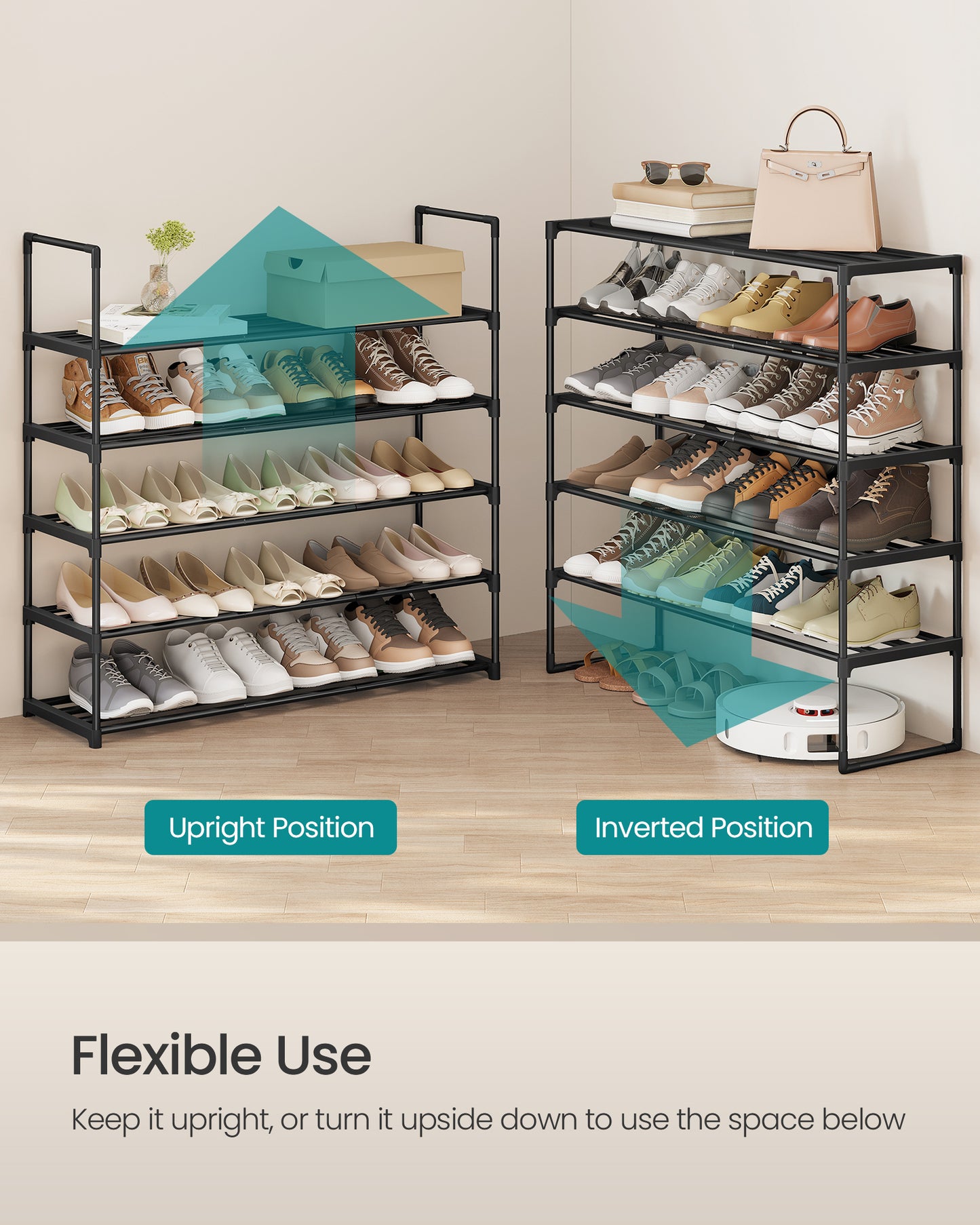 5-Tier Stackable Shoe Rack, 36.2 Inch Metal Shoe Organizer with 22 lb per Tier Capacity, Upright & Reversible for Entryway, Black