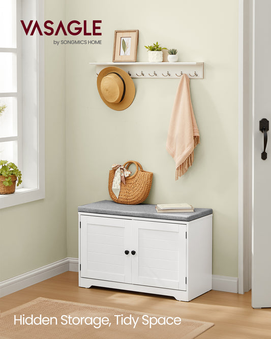 3-Tier Shoe Storage Bench with Cushion, 31.9 Inch Entryway Seat with Adjustable Shelves and Doors, Cloud White