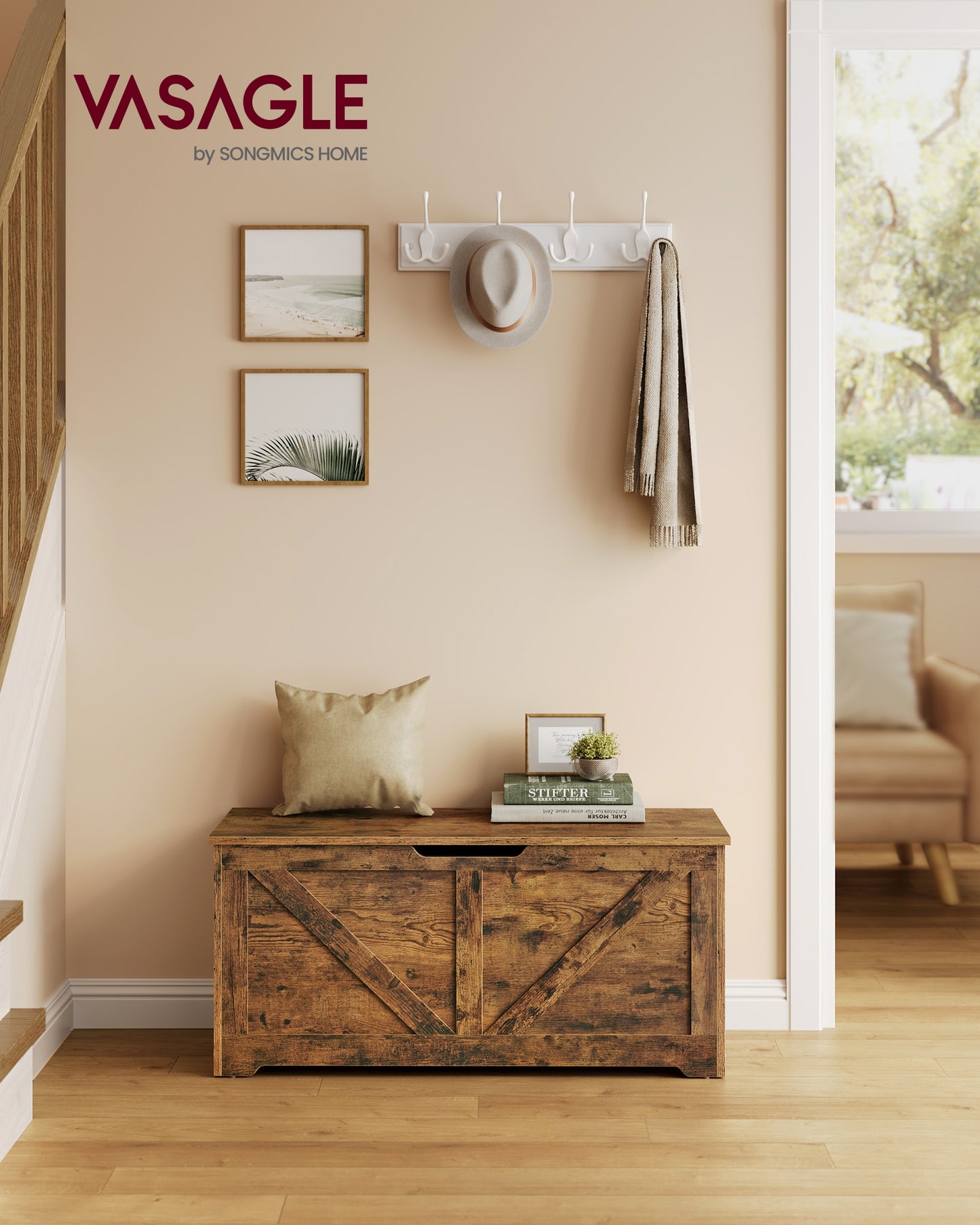 Storage Chest, Storage Trunk with 2 Safety Hinges, Storage Bench, Shoe Bench, Barn Style, 15.7 x 39.4 x 18.1 Inches Rustic Brown