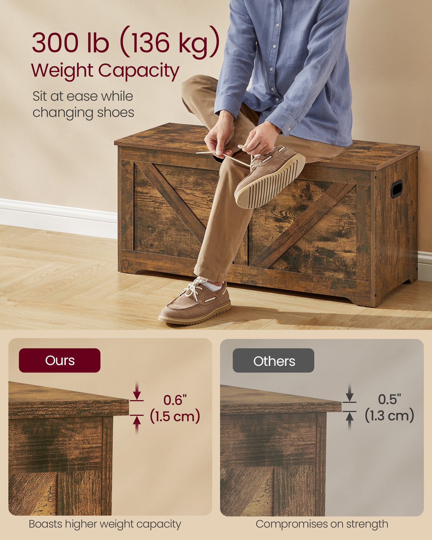 Storage Chest, Storage Trunk with 2 Safety Hinges, Storage Bench, Shoe Bench, Barn Style, 15.7 x 39.4 x 18.1 Inches Rustic Brown
