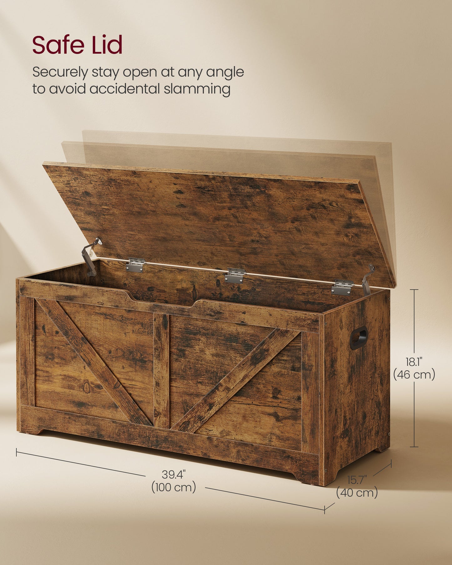 Storage Chest, Storage Trunk with 2 Safety Hinges, Storage Bench, Shoe Bench, Barn Style, 15.7 x 39.4 x 18.1 Inches Rustic Brown