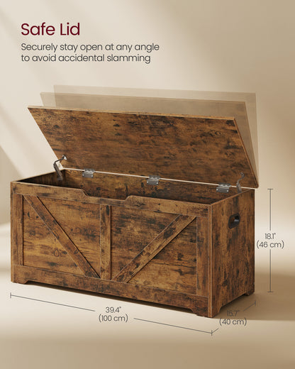 Storage Chest, Storage Trunk with 2 Safety Hinges, Storage Bench, Shoe Bench, Barn Style, 15.7 x 39.4 x 18.1 Inches Rustic Brown