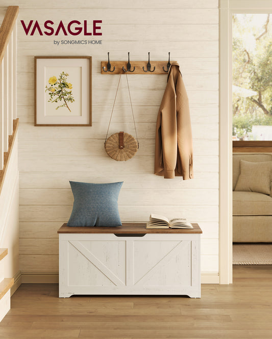 Farmhouse Storage Bench, 39.4 Inch Entryway Bench with 2 Safety Hinges, 300 lb Seat Capacity & 132 lb Storage, for Living Room Bedroom, Honey Brown & White