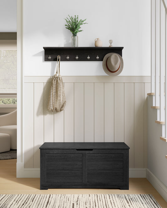 Storage Chest, Storage Bench with 2 Safety Hinges, Farmhouse Style, 15.7 x 39.4 x 18.1 Inches, for Entryway, Bedroom, Living Room, Charcoal Gray