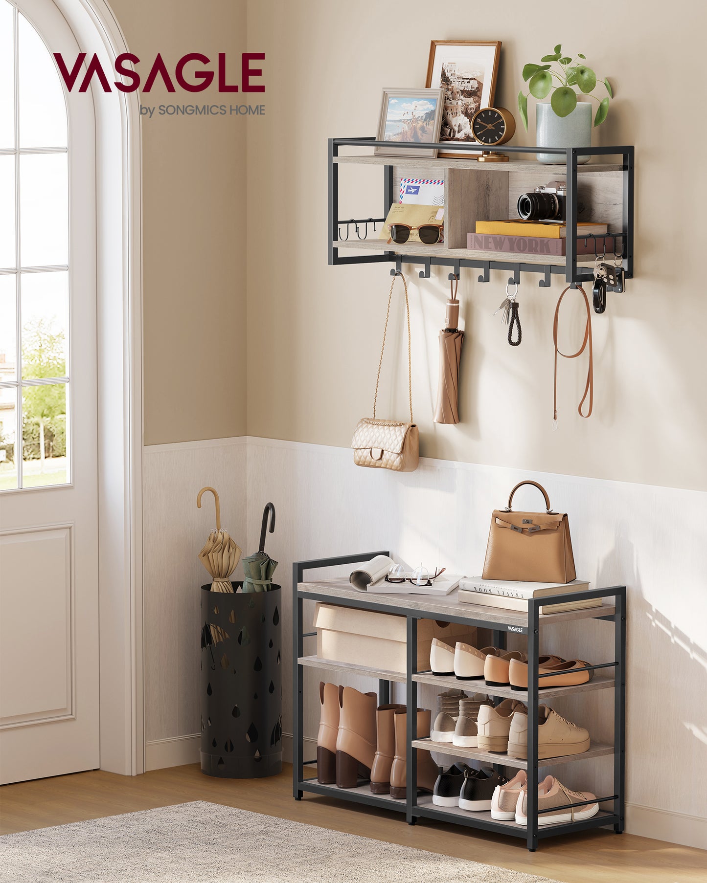 Hall Tree with Shoe Bench, Coat Rack Shoe Bench Set, Entryway Furniture, Multifunctional, 12 Metal Hooks, 4-Tier Shoe Rack, for Entryway, Bedroom