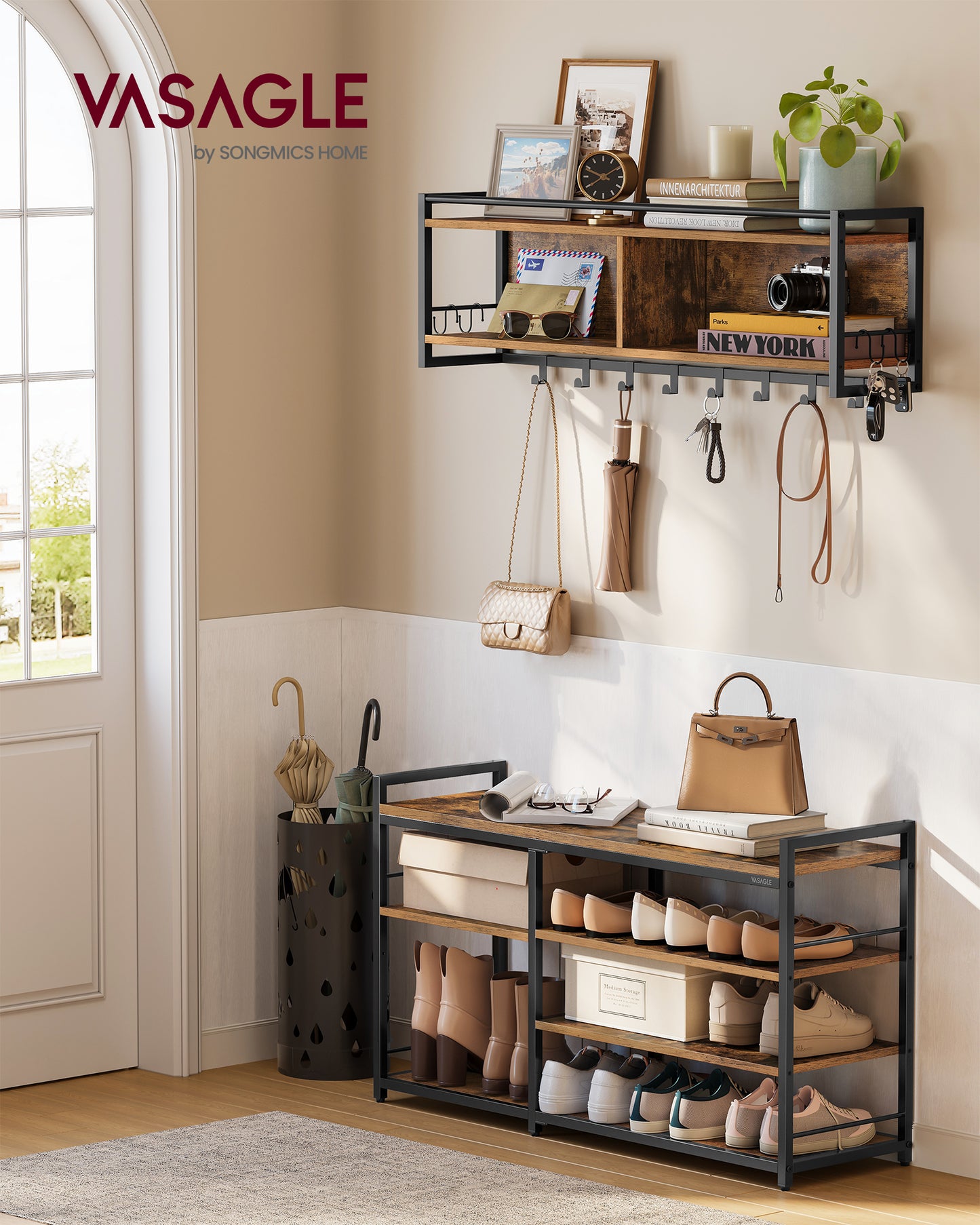 Hall Tree with Shoe Bench, Coat Rack Shoe Bench Set, Entryway Furniture, Multifunctional, 12 Metal Hooks, 4-Tier Shoe Rack, for Entryway, Bedroom