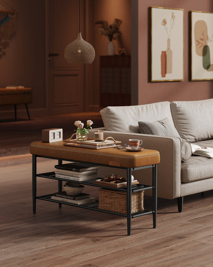 Shoe Rack Bench, Storage Bench for Entryway, Synthetic Leather with Stitching, Mid-Century Modern, Loads 300 lb, 11.8 x 39.4 x 19.7 Inches, Caramel Brown