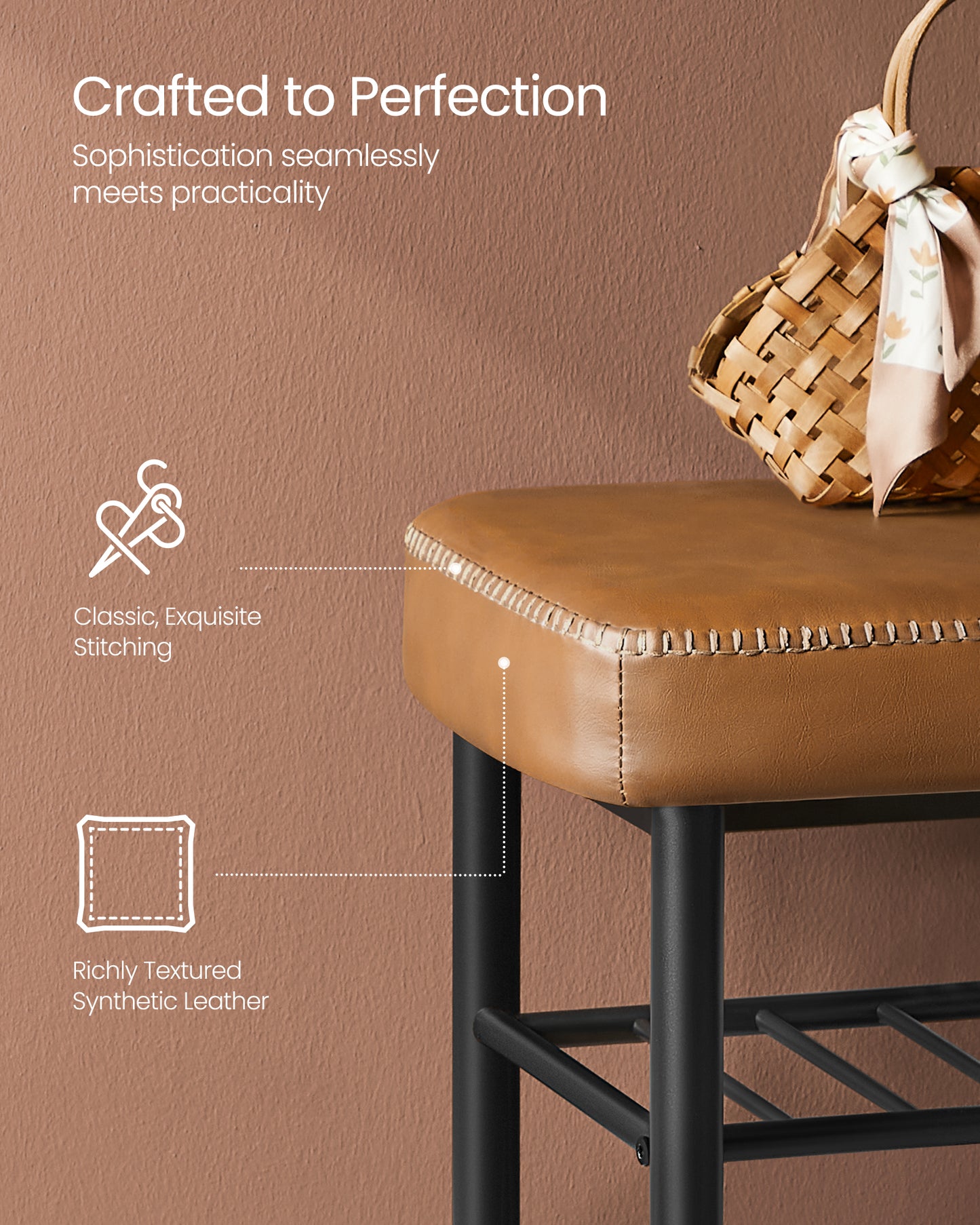 Shoe Rack Bench, Storage Bench for Entryway, Synthetic Leather with Stitching, Mid-Century Modern, Loads 300 lb, 11.8 x 39.4 x 19.7 Inches, Caramel Brown