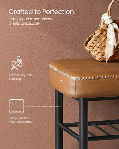 Shoe Rack Bench, Storage Bench for Entryway, Synthetic Leather with Stitching, Mid-Century Modern, Loads 300 lb, 11.8 x 39.4 x 19.7 Inches, Caramel Brown