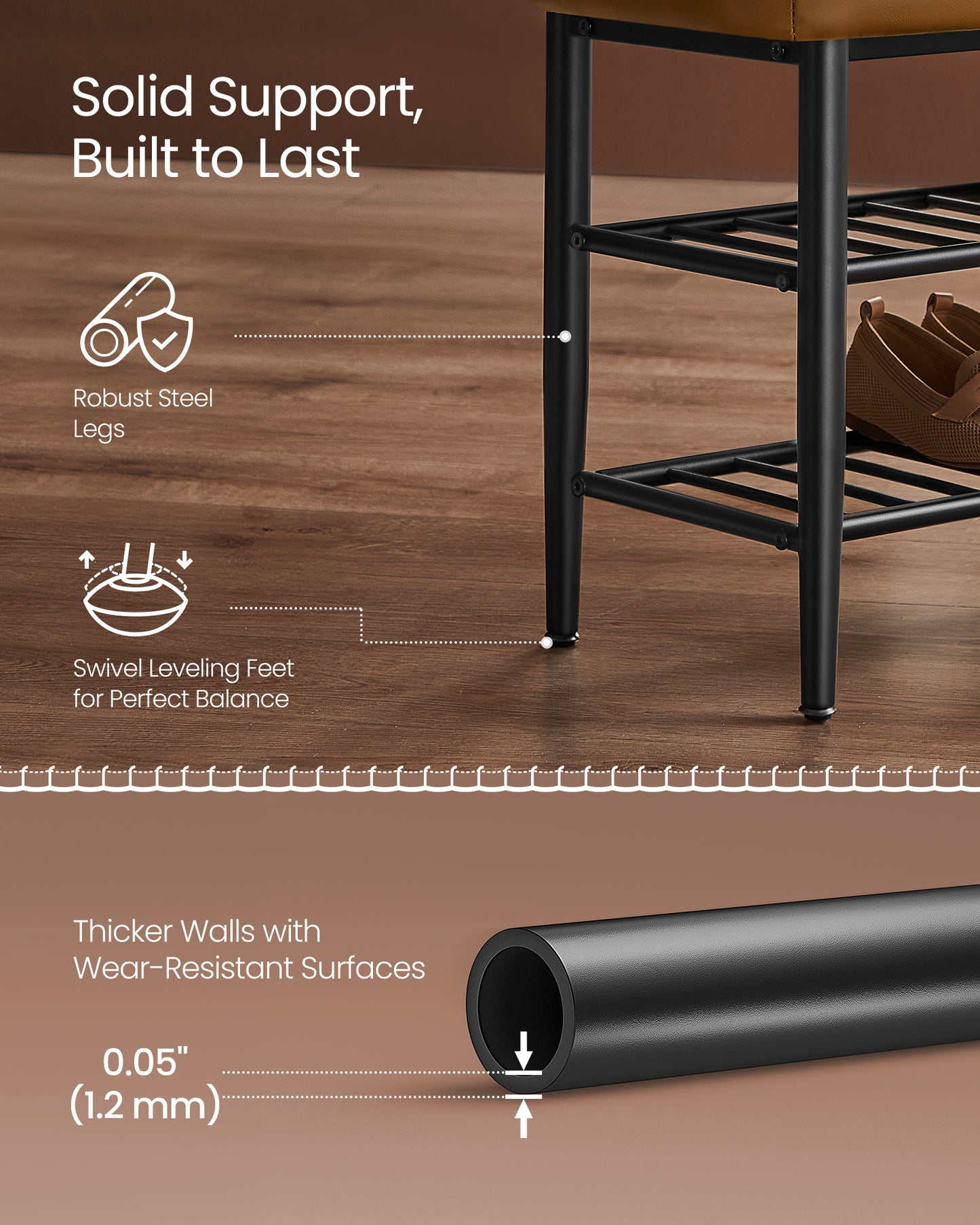 Shoe Rack Bench, Storage Bench for Entryway, Synthetic Leather with Stitching, Mid-Century Modern, Loads 300 lb, 11.8 x 39.4 x 19.7 Inches, Caramel Brown