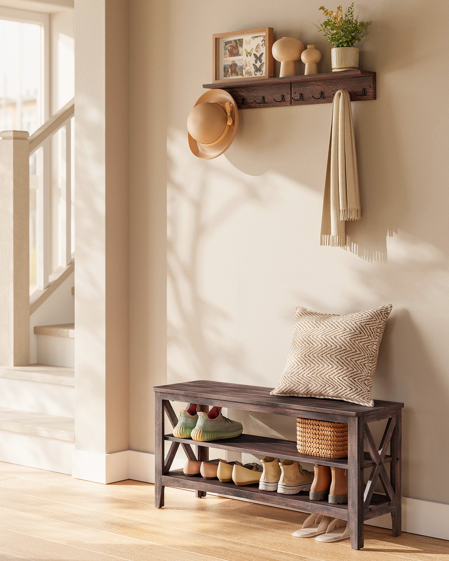 VASAGLE Entryway Storage Bench - 2-Tier Shoe Rack, Farmhouse Style, Honey Brown, Holds up to 600 lb