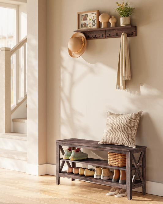 VASAGLE Entryway Storage Bench - 2-Tier Shoe Rack, Farmhouse Style, Honey Brown, Holds up to 600 lb