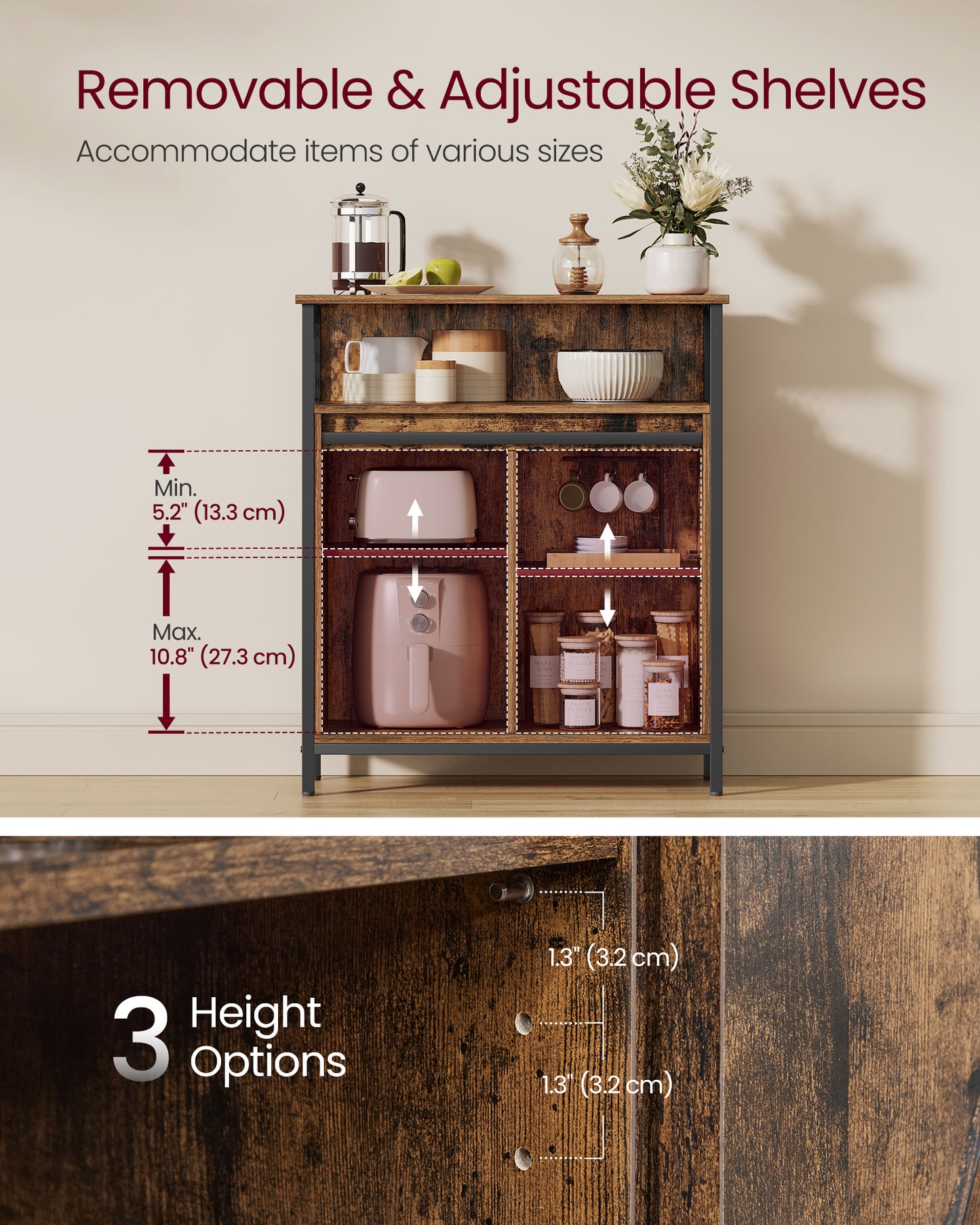 Buffet Cabinet, Coffee Bar Storage Cabinet, Sideboard with 1 Sliding Barn Door, Adjustable Shelves, 11.8 x 27.6 x 31.5 Inches, for Living Room, Rustic Brown and Ink Black