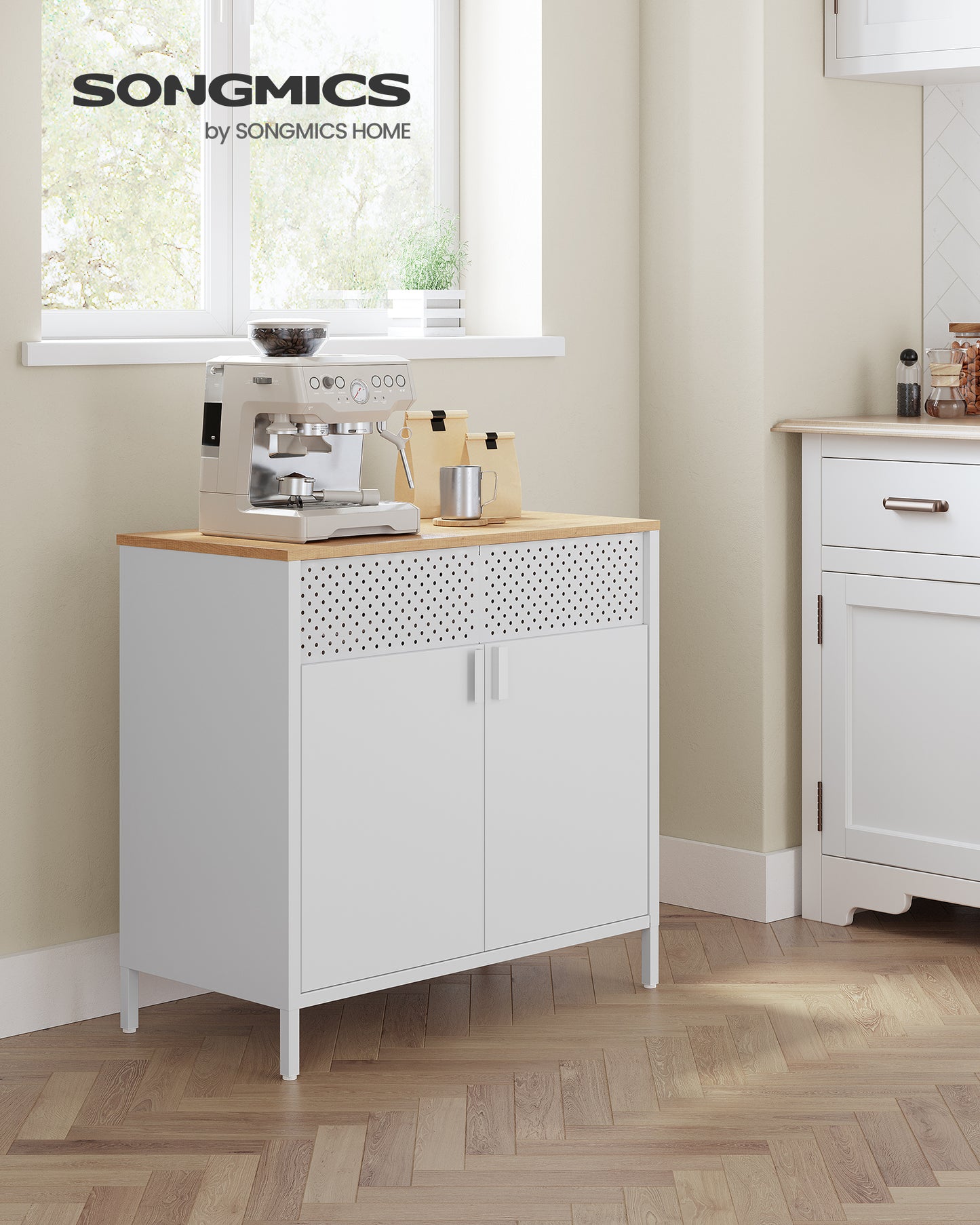 Storage Sideboard, Buffet Table with Adjustable Shelves, Floor Storage Cupboard, Steel Frame