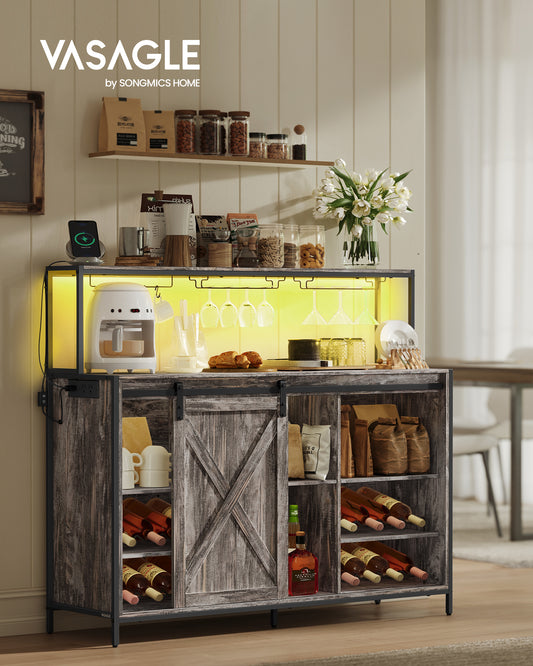 Coffee Bar Cabinet with Power Outlet - Smart LED Light, Sliding Barn Doors, S Hooks, Wine Storage, Maple Gray