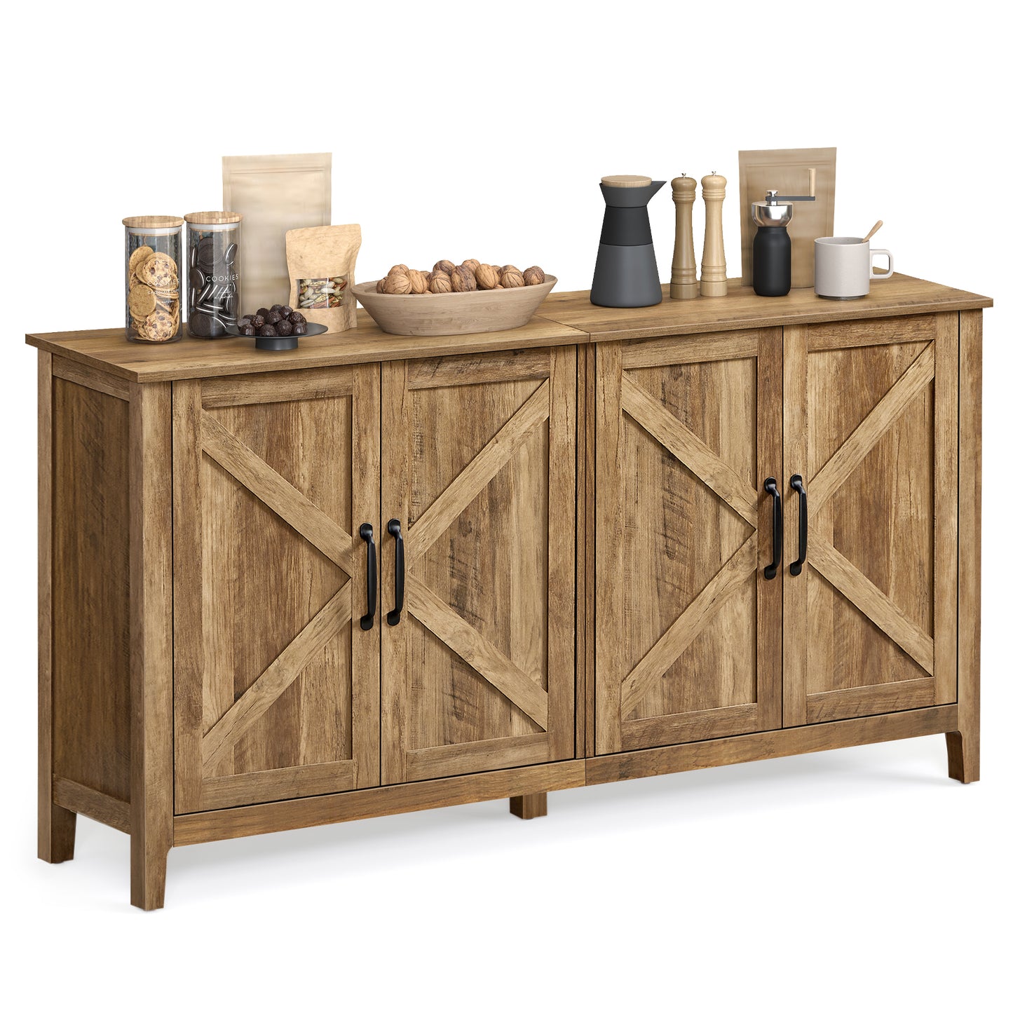 VASAGLE Sideboard Buffet Cabinet, Kitchen Storage Cabinet with Rattan Decorated Doors Rustic Walnut