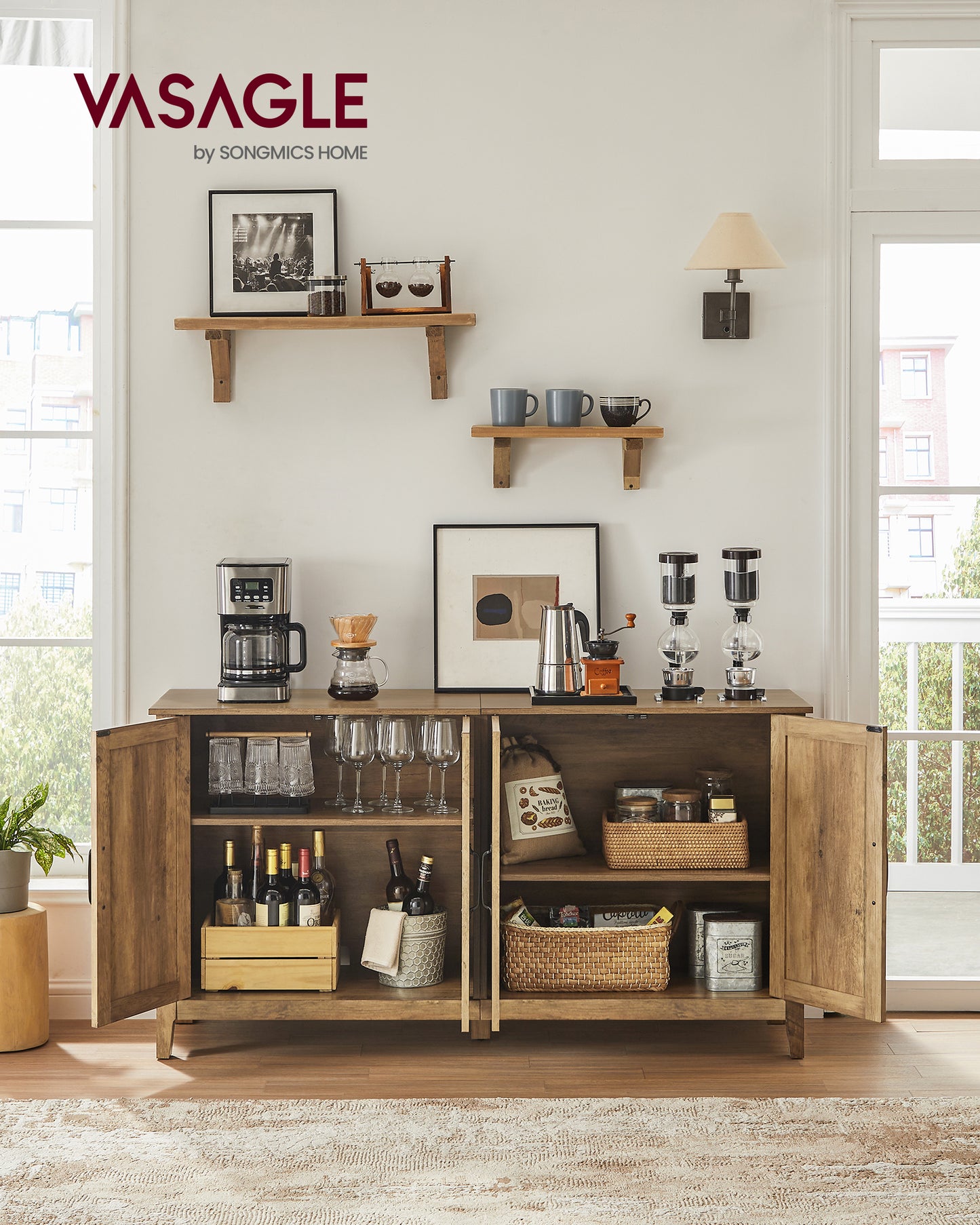 VASAGLE Sideboard Buffet Cabinet, Kitchen Storage Cabinet with Rattan Decorated Doors Rustic Walnut