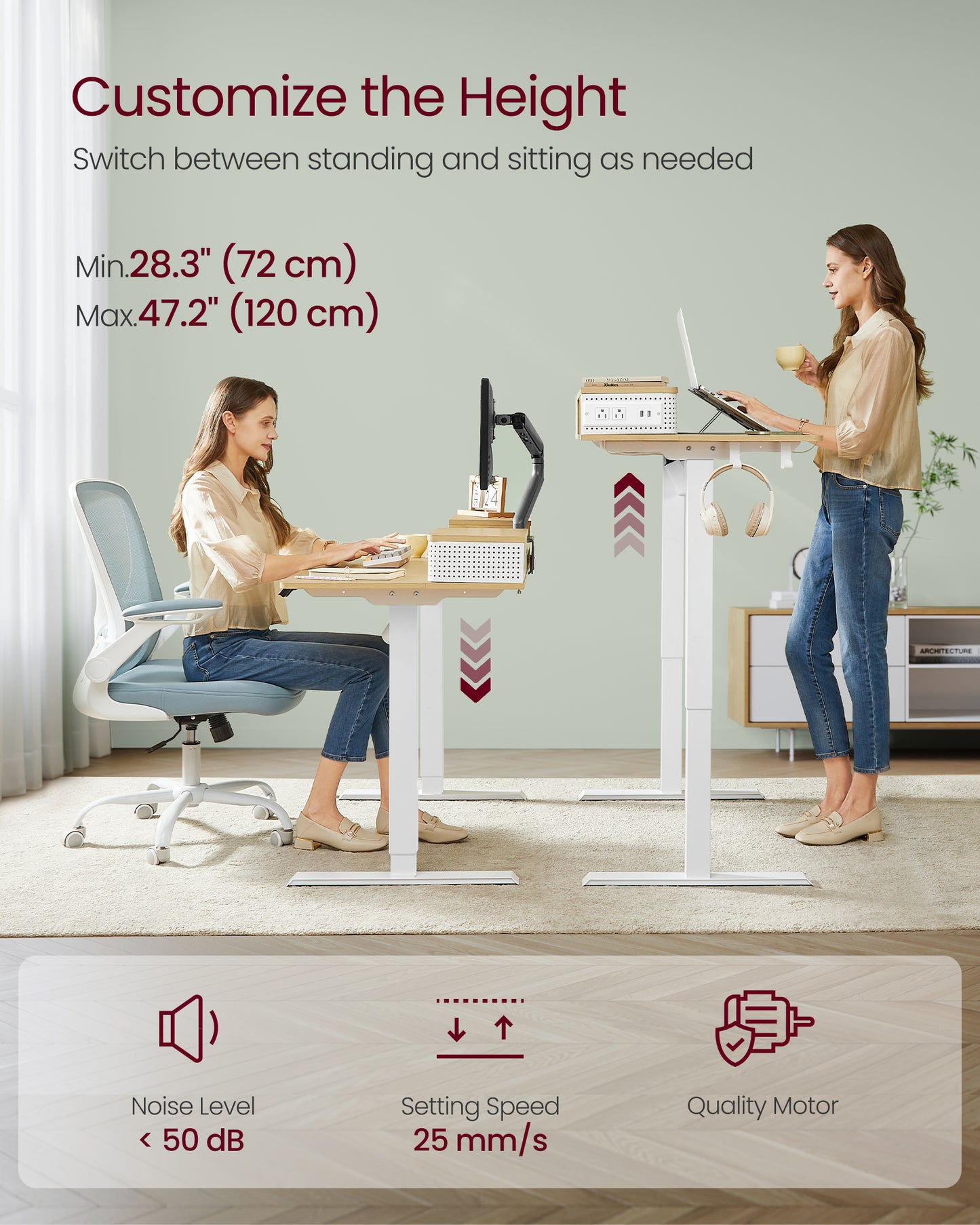 VASAGLE Electric Standing Desk with Drawers, Sit Stand Desk with Built-in Power Strip, Adjustable Height, 23.6 x 47.2 Inches