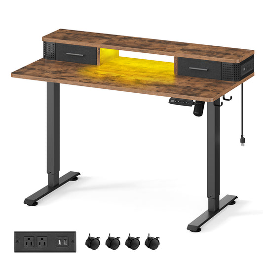 VASAGLE Electric Standing Desk with Drawers, Sit Stand Desk with Built-in Power Strip, Adjustable Height, 23.6 x 47.2 Inches Rustic Brown