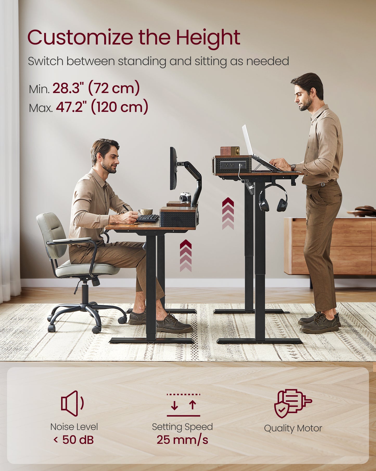 VASAGLE Electric Standing Desk with Drawers, Sit Stand Desk with Built-in Power Strip, Adjustable Height, 23.6 x 47.2 Inches Rustic Brown