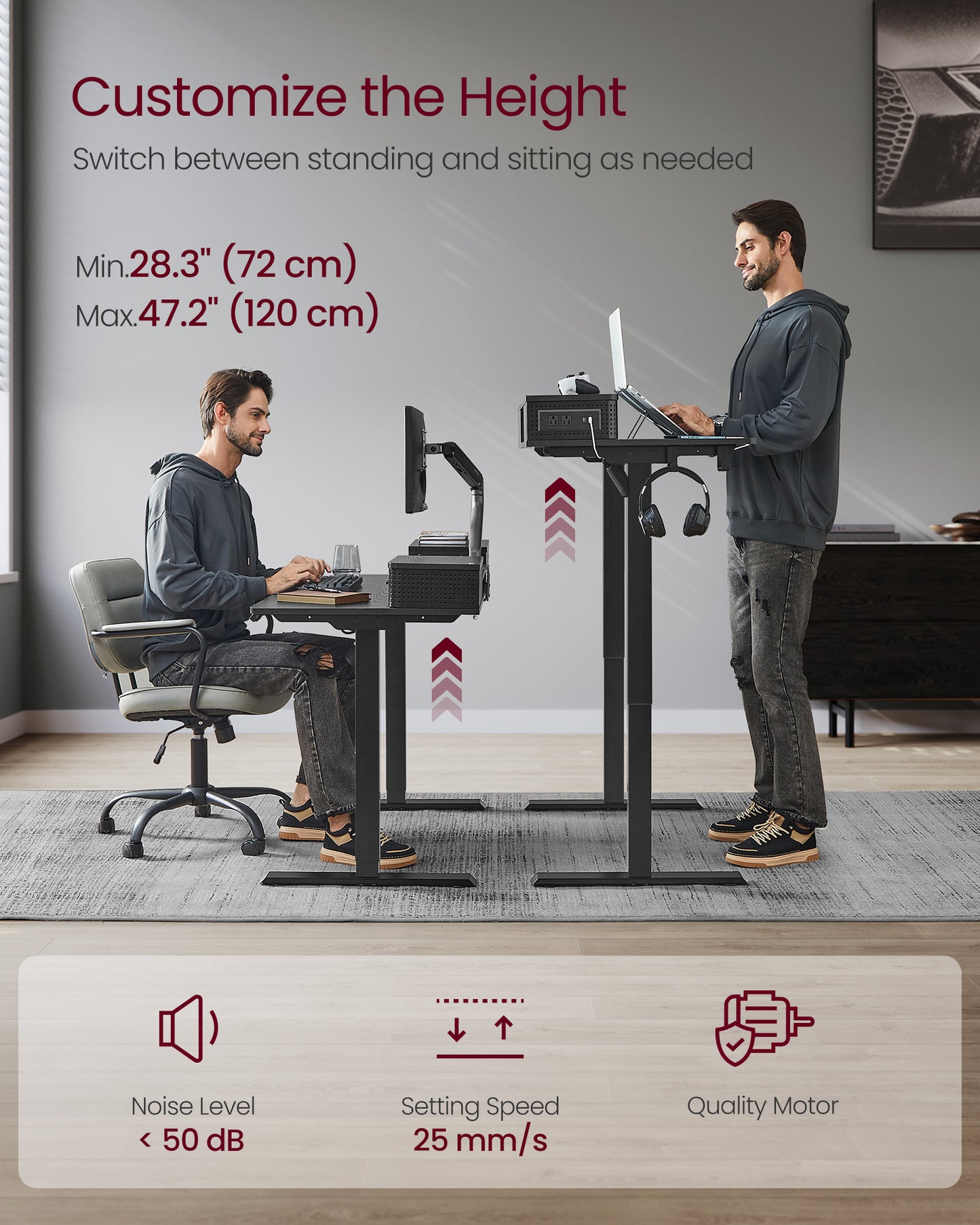 VASAGLE Electric Standing Desk with Drawers, Sit Stand Desk with Built-in Power Strip, Adjustable Height, 23.6 x 47.2 Inches