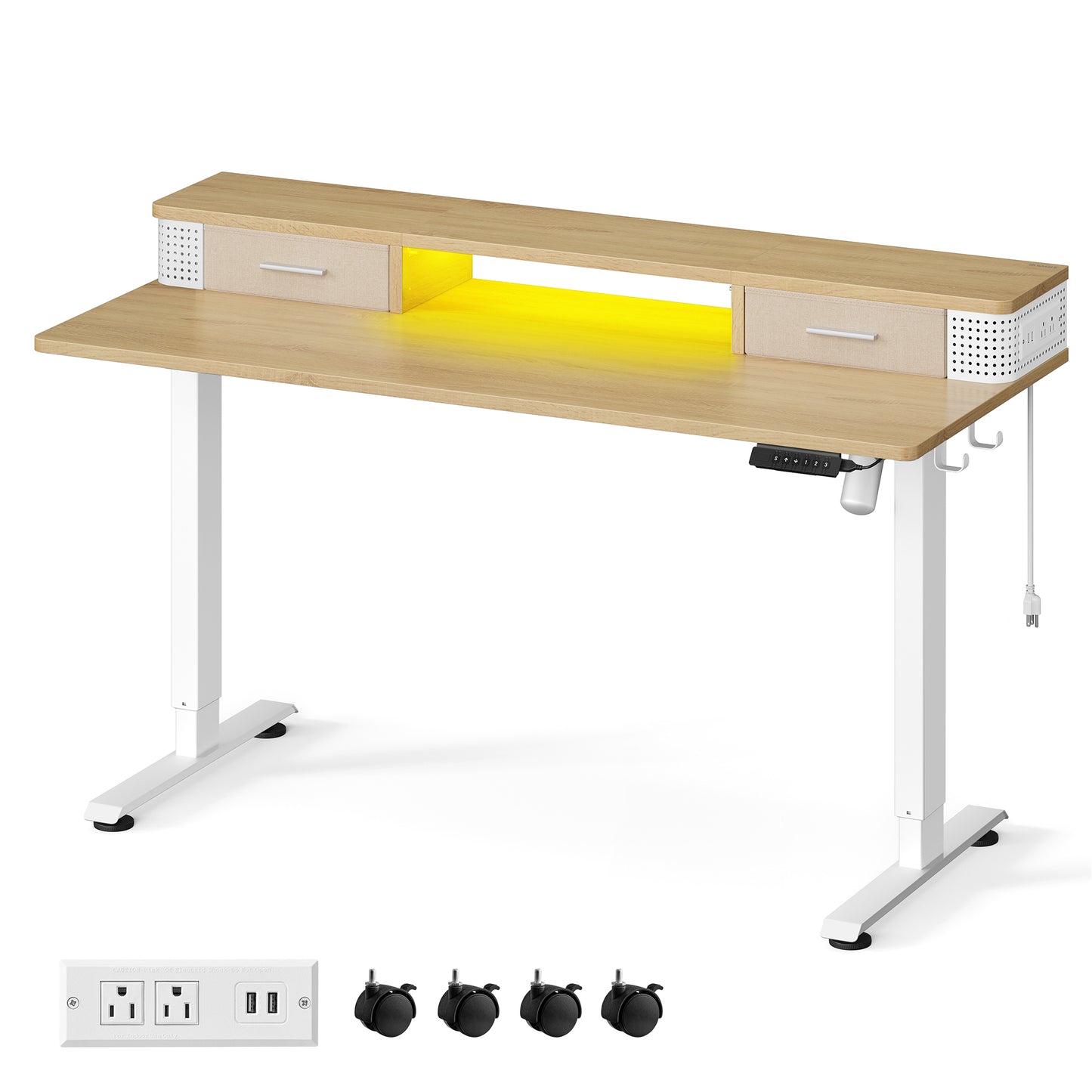 Electric Computer Desk, 23.6 x 55.1 Inches Adjustable Height Stand Desk with Built-in Power Strip