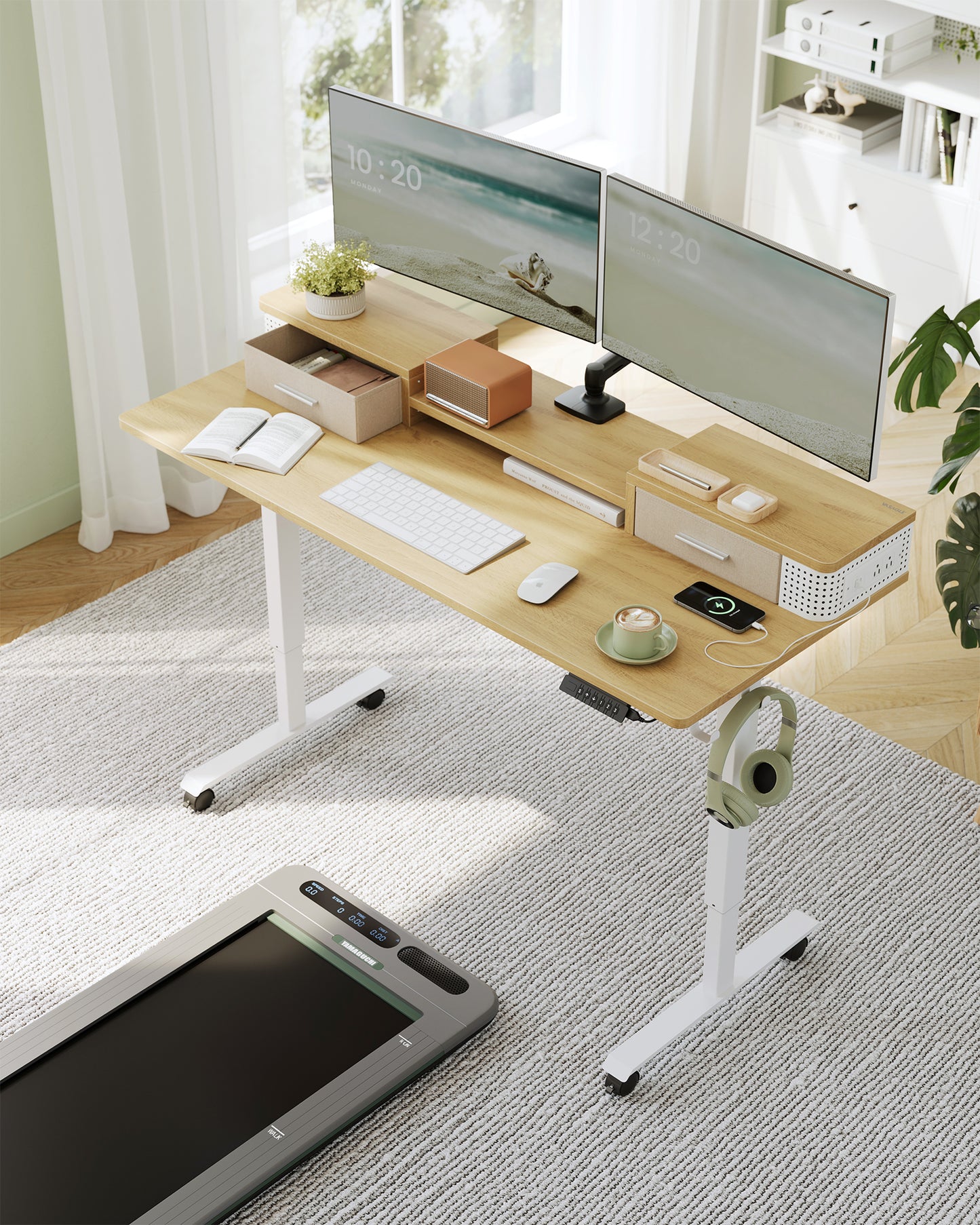 Electric Computer Desk, 23.6 x 55.1 Inches Adjustable Height Stand Desk with Built-in Power Strip