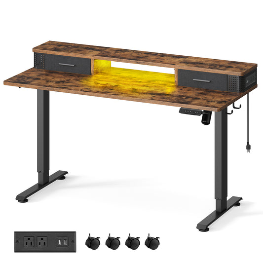 Electric Computer Desk, 23.6 x 55.1 Inches Adjustable Height Stand Desk with Built-in Power Strip