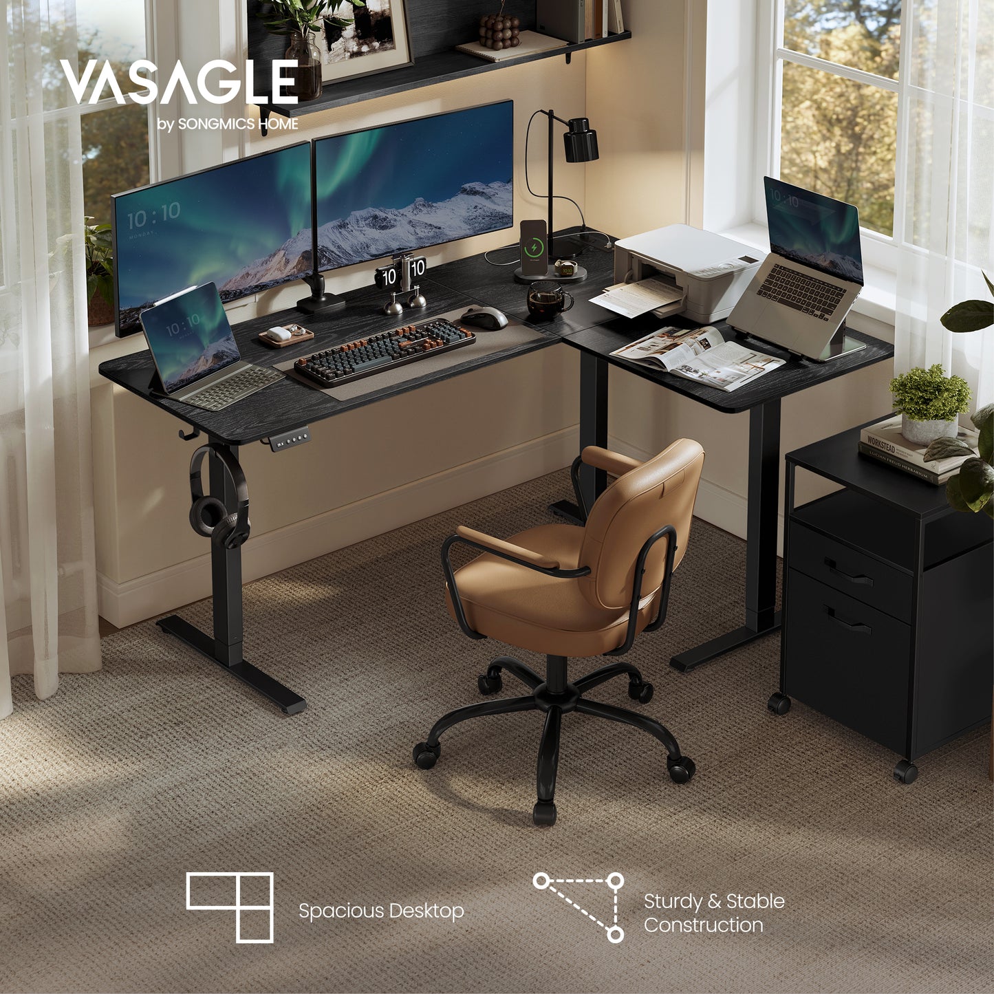 Ink Black Shaped Electric Standing Desk, 63 x 47.2 inches. A height - adjustable corner desk with power outlets and 2 memory buttons.