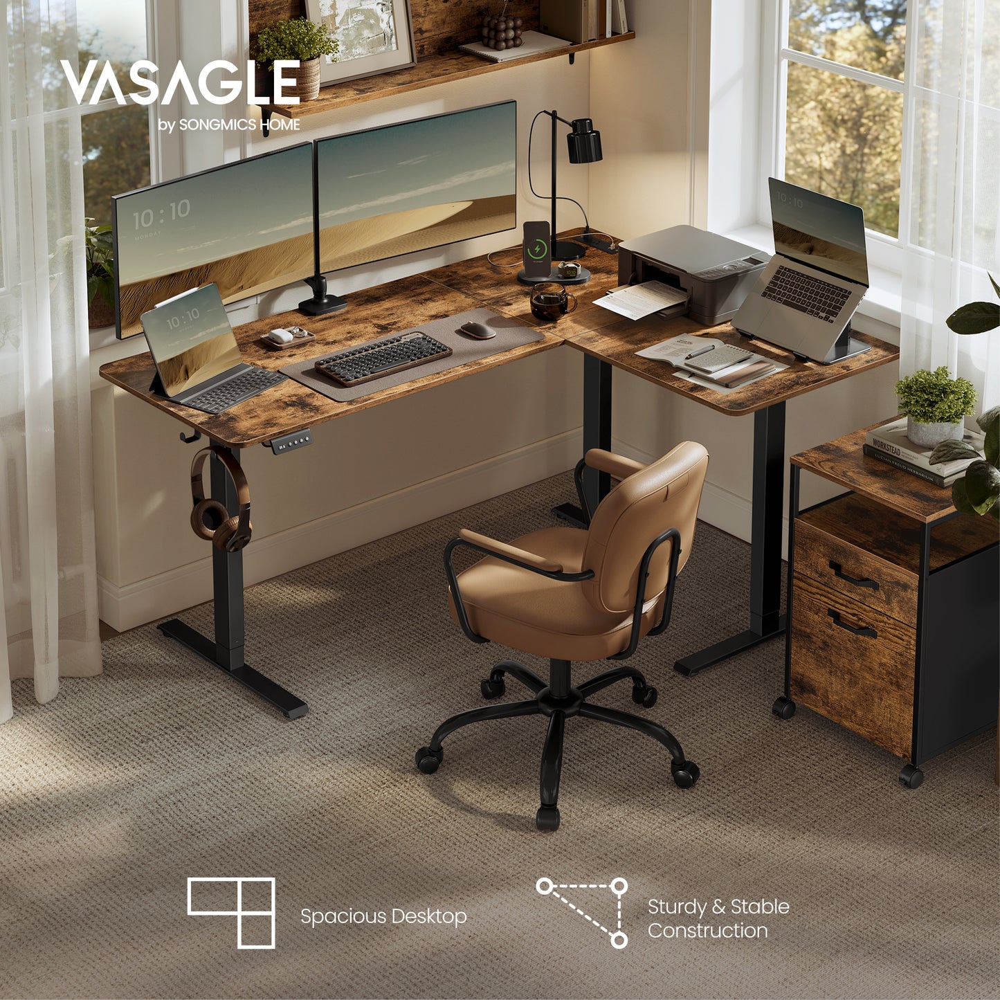 Rustic Brown L Shaped Electric Standing Desk (63 x 47.2 inches). Height - adjustable with power outlets & 2 memory buttons. Simple to assemble