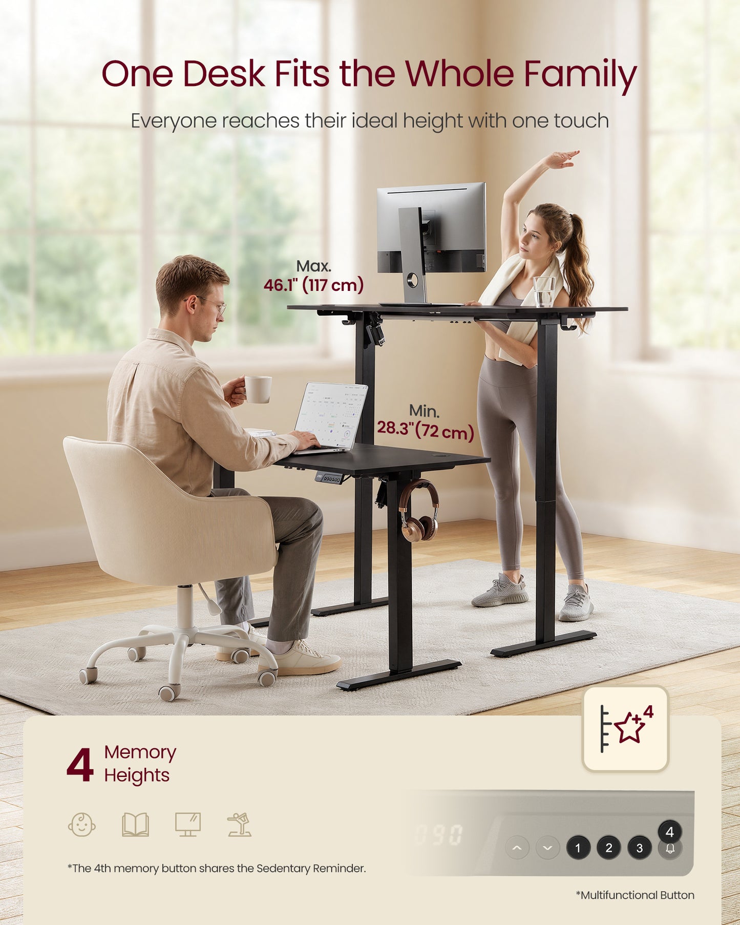 VASAGLE Electric Standing Desk, Height Adjustable Desk, Sedentary Reminder, 4 Memory Heights, for Home Office, 47.2 x 23.6 Inches, Ink Black