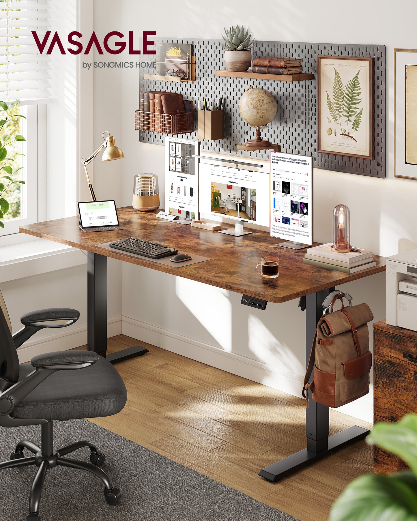 VASAGLE Electric Standing Desk, Height Adjustable Desk, Sedentary Reminder, 4 Memory Heights, for Home Office, 63 x 27.6 Inches, Rustic Brown