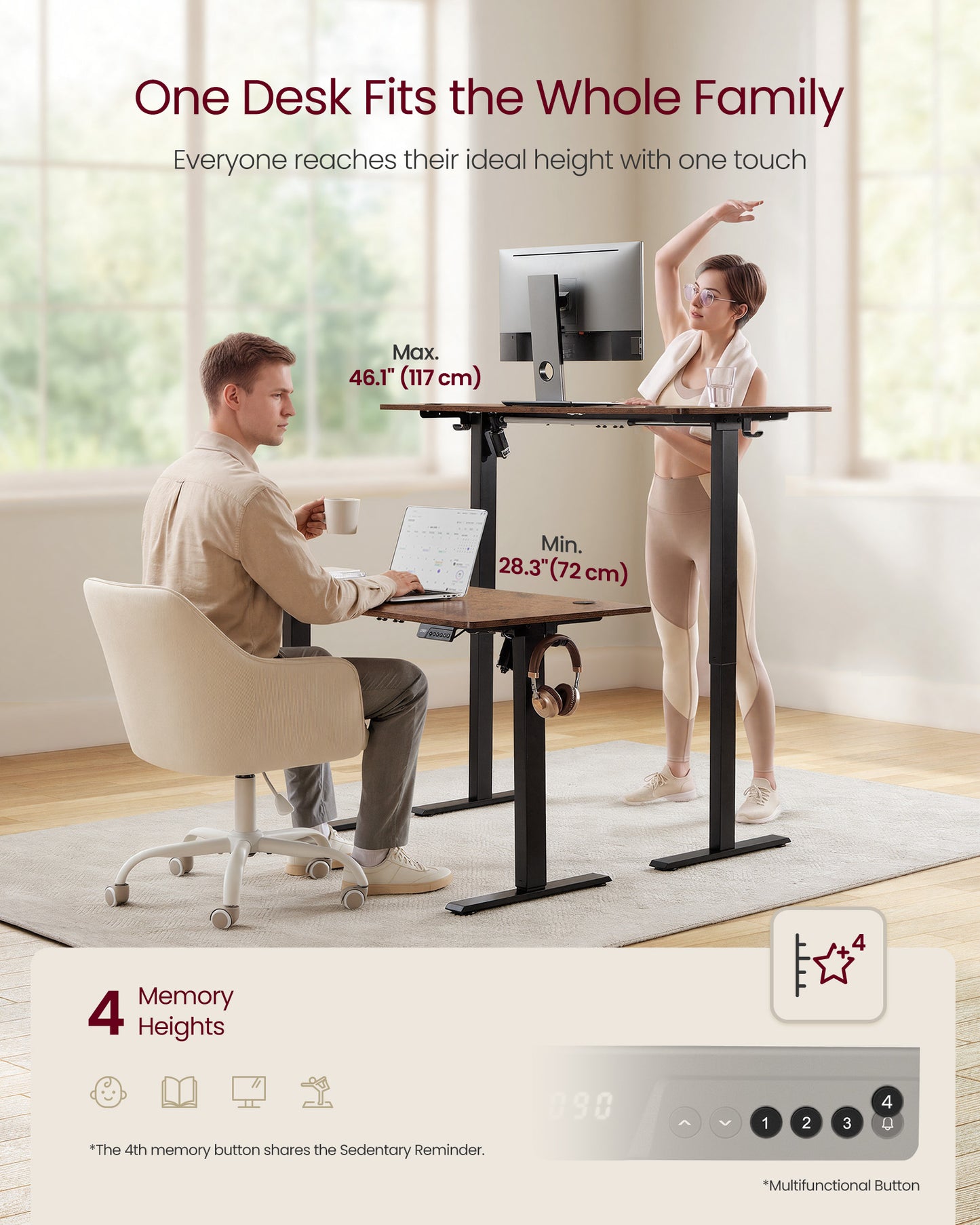VASAGLE Electric Standing Desk, Height Adjustable Desk, Sedentary Reminder, 4 Memory Heights, for Home Office, 63 x 27.6 Inches, Rustic Brown