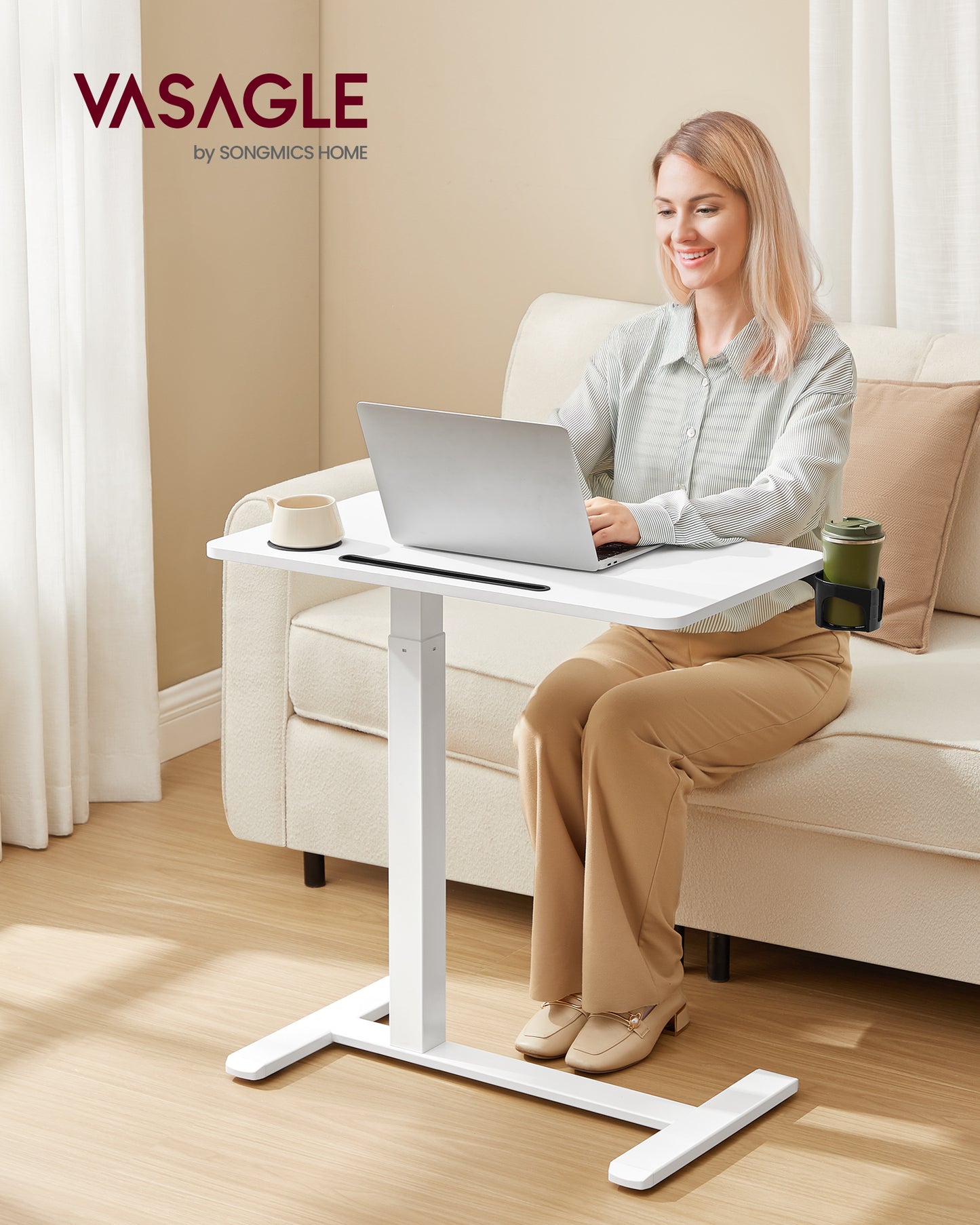 Mobile Standing Desk, 27.6 Inch Adjustable Height Table with 2 Cup Holders & Tablet Slot, Rolling Computer Desk for Bedroom Living Room, Cloud White