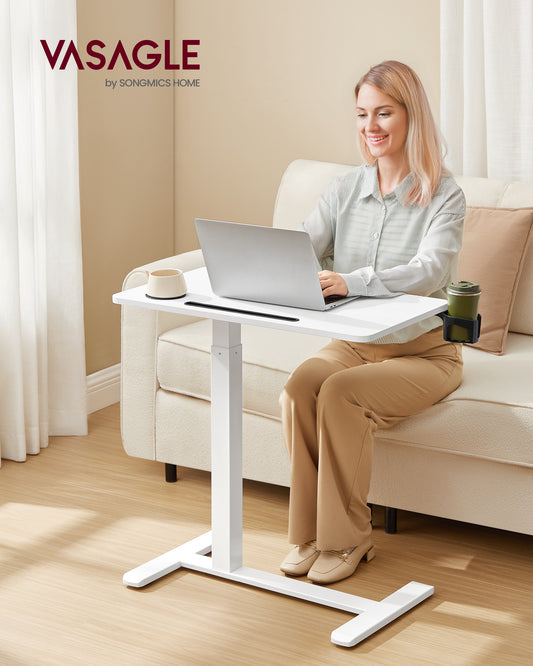 Mobile Standing Desk, 27.6 Inch Adjustable Height Table with 2 Cup Holders & Tablet Slot, Rolling Computer Desk for Bedroom Living Room, Cloud White