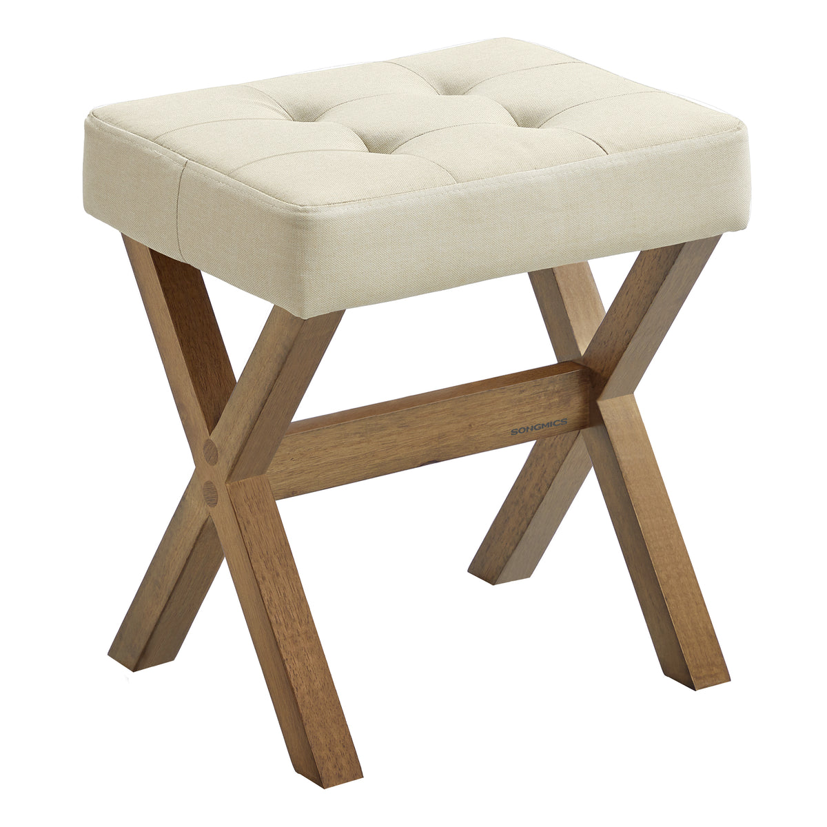 SONGMICS Makeup Stool, Padded Vanity Stool, Foot Rest, Solid Wood X Legs, for Bedroom, Closet, Entryway, 12.6 x 16.5 x 18.1 Inches, Summer Sand and Brown