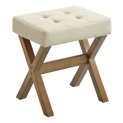 SONGMICS Makeup Stool, Padded Vanity Stool, Foot Rest, Solid Wood X Legs, for Bedroom, Closet, Entryway, 12.6 x 16.5 x 18.1 Inches, Summer Sand and Brown