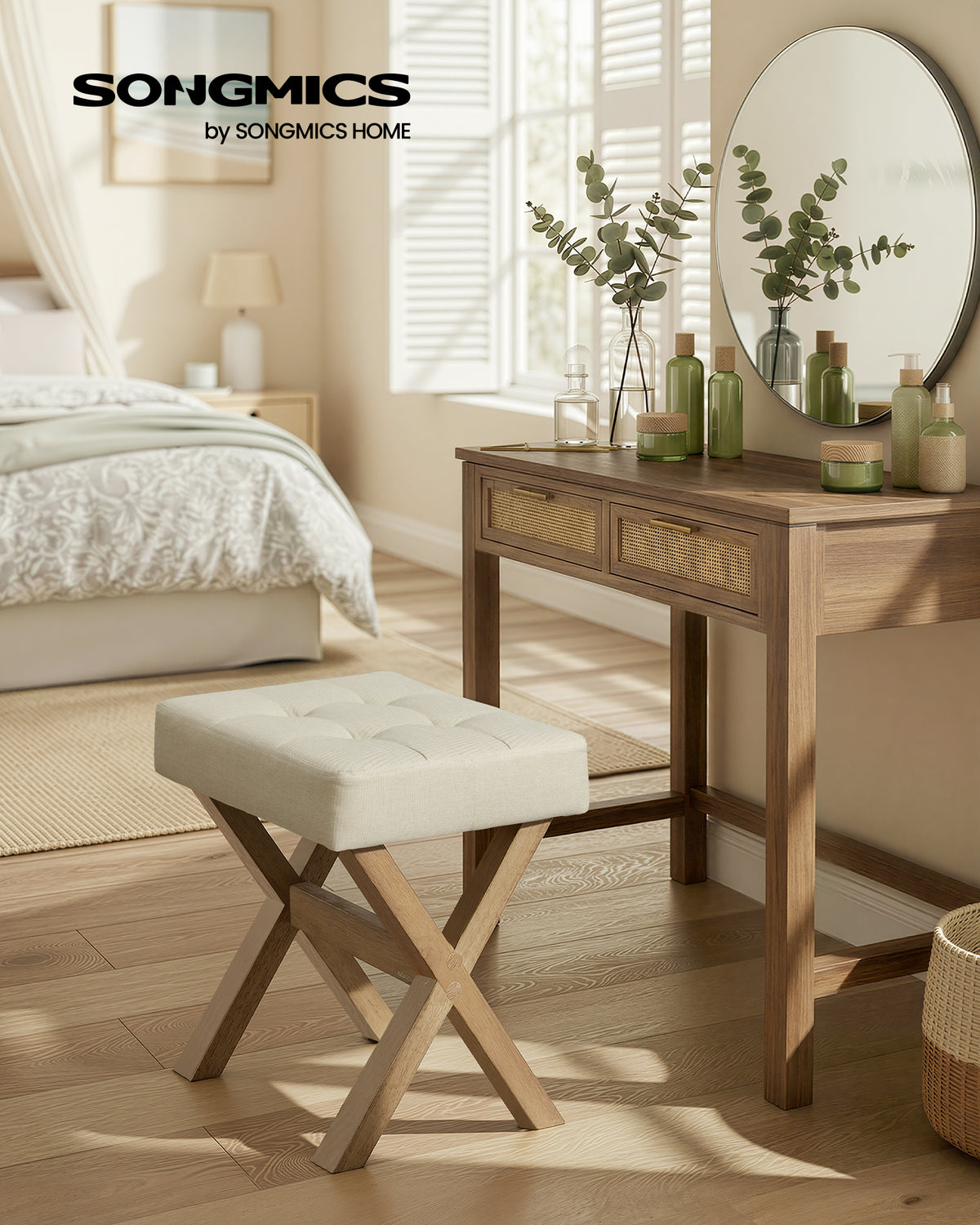 SONGMICS Makeup Stool, Padded Vanity Stool, Foot Rest, Solid Wood X Legs, for Bedroom, Closet, Entryway, 12.6 x 16.5 x 18.1 Inches, Summer Sand and Brown