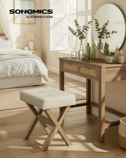 SONGMICS Makeup Stool, Padded Vanity Stool, Foot Rest, Solid Wood X Legs, for Bedroom, Closet, Entryway, 12.6 x 16.5 x 18.1 Inches, Summer Sand and Brown