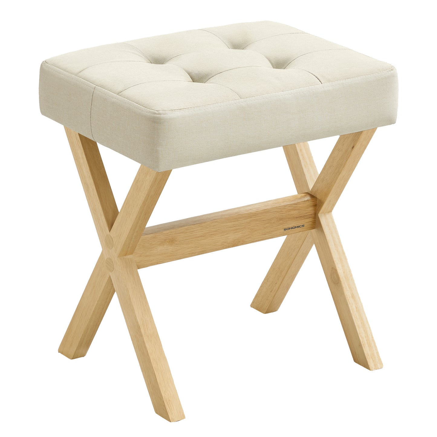 SONGMICS Makeup Stool, Padded Vanity Stool, Foot Rest, Solid Wood X Legs, for Bedroom, Closet, Entryway, Summer Sand and Natural Beige