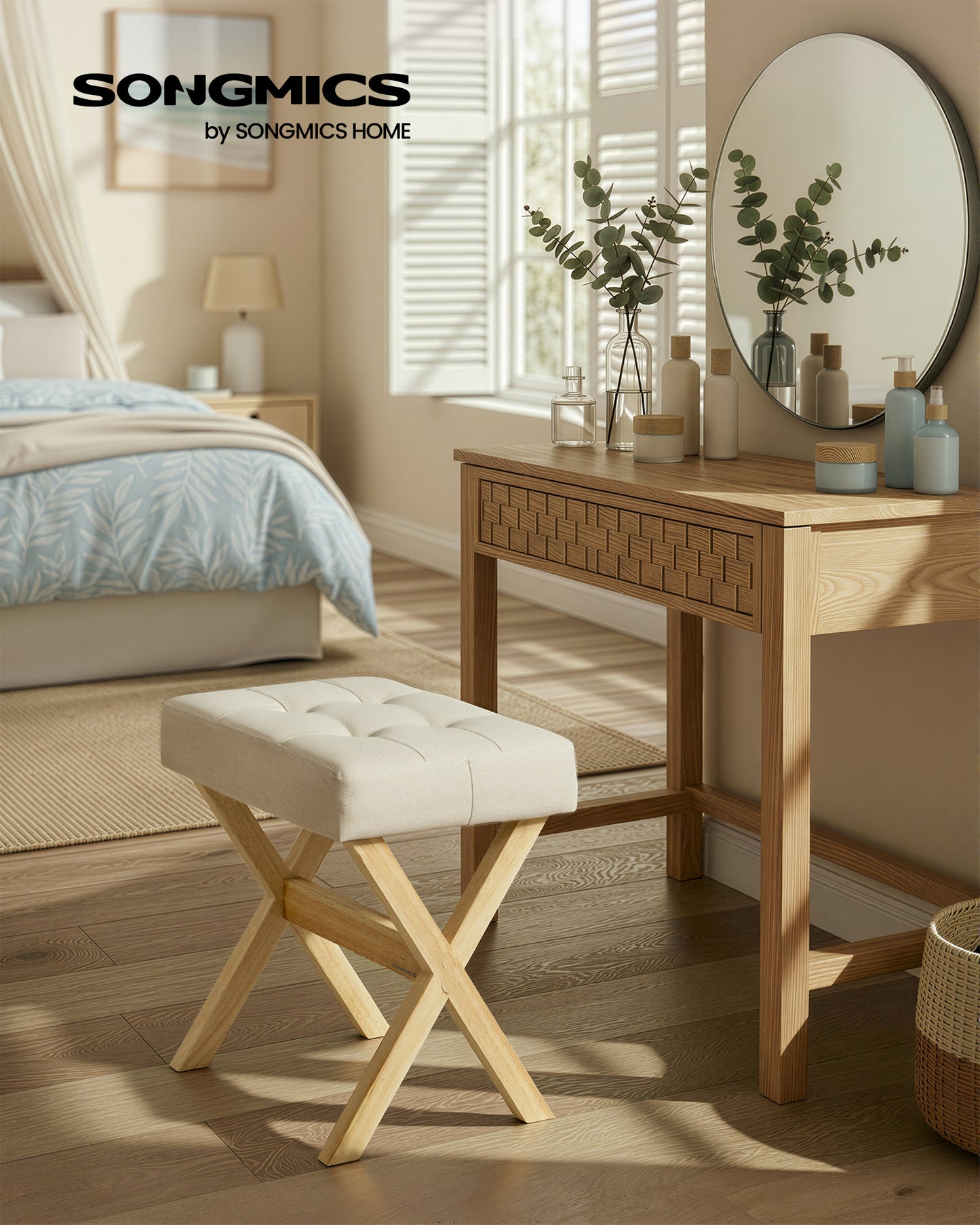SONGMICS Makeup Stool, Padded Vanity Stool, Foot Rest, Solid Wood X Legs, for Bedroom, Closet, Entryway, Summer Sand and Natural Beige