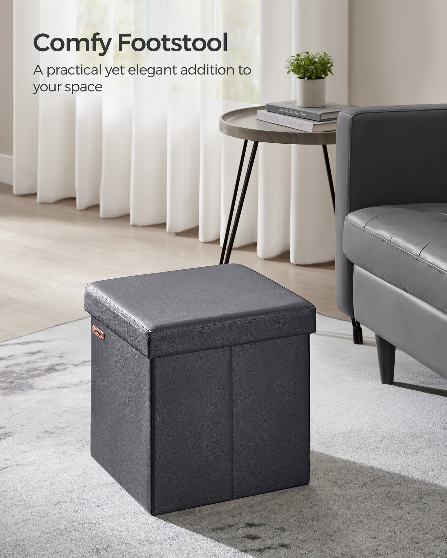 SONGMICS 15" Storage Ottoman Bench Leather Ottoman with Storage Slate Gray