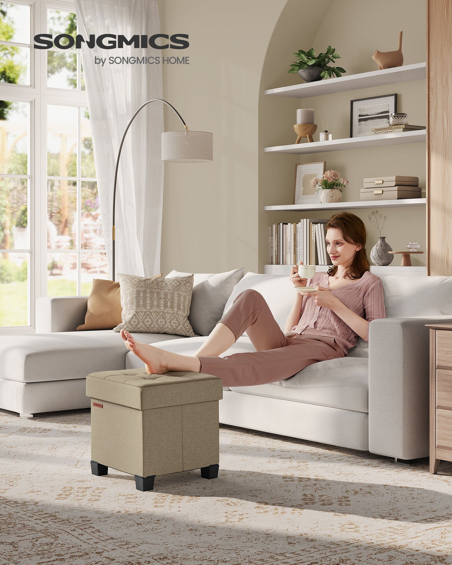 Storage Ottoman Foot Stool with Tufted Linen-Look, 15 x 15 x 15.7 Inches, 660 lb Capacity, Foldable for Living Room, Bedroom & Dorm, Camel Brown