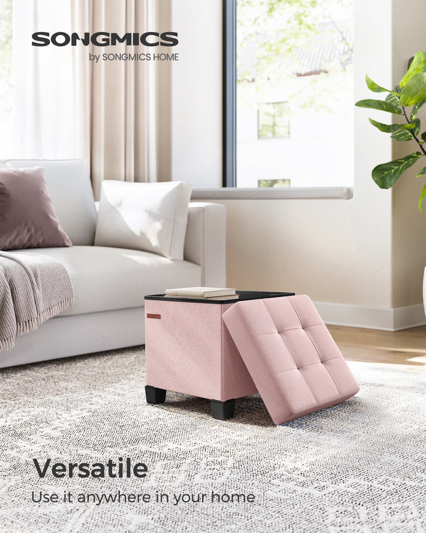 Small Storage Ottoman with 660 lb Capacity, 15x15 Inch Foldable Foot Rest Stool with Legs for Living Room, Jelly Pink