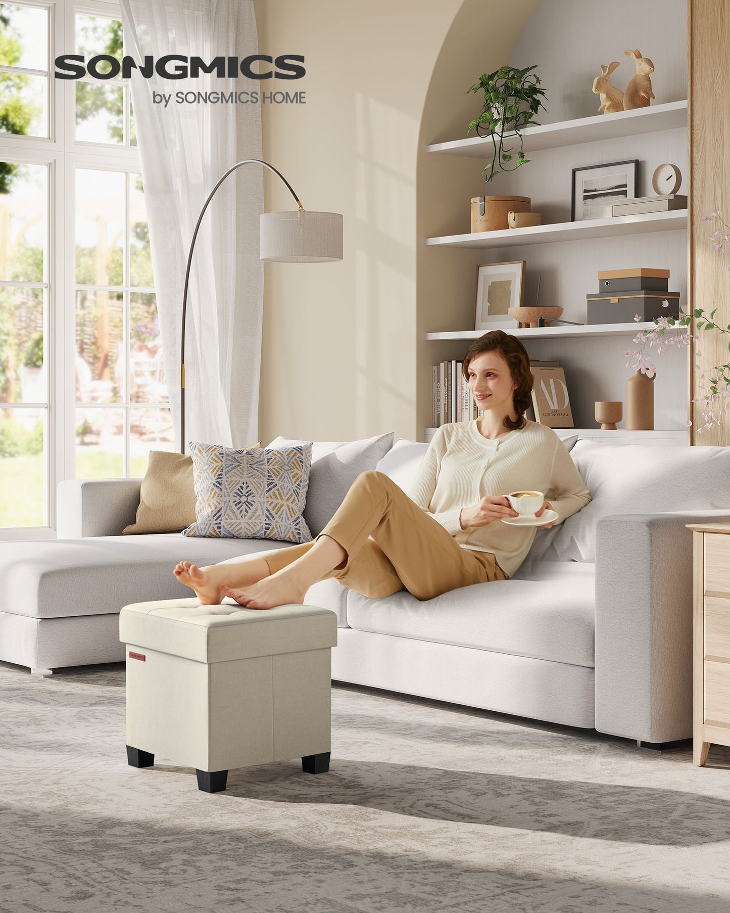 Tufted Storage Ottoman Bench - 15x15x15.7 Inch Foldable Footrest with 660lb Capacity, Hidden Storage for Living Room & Bedroom, Cream White