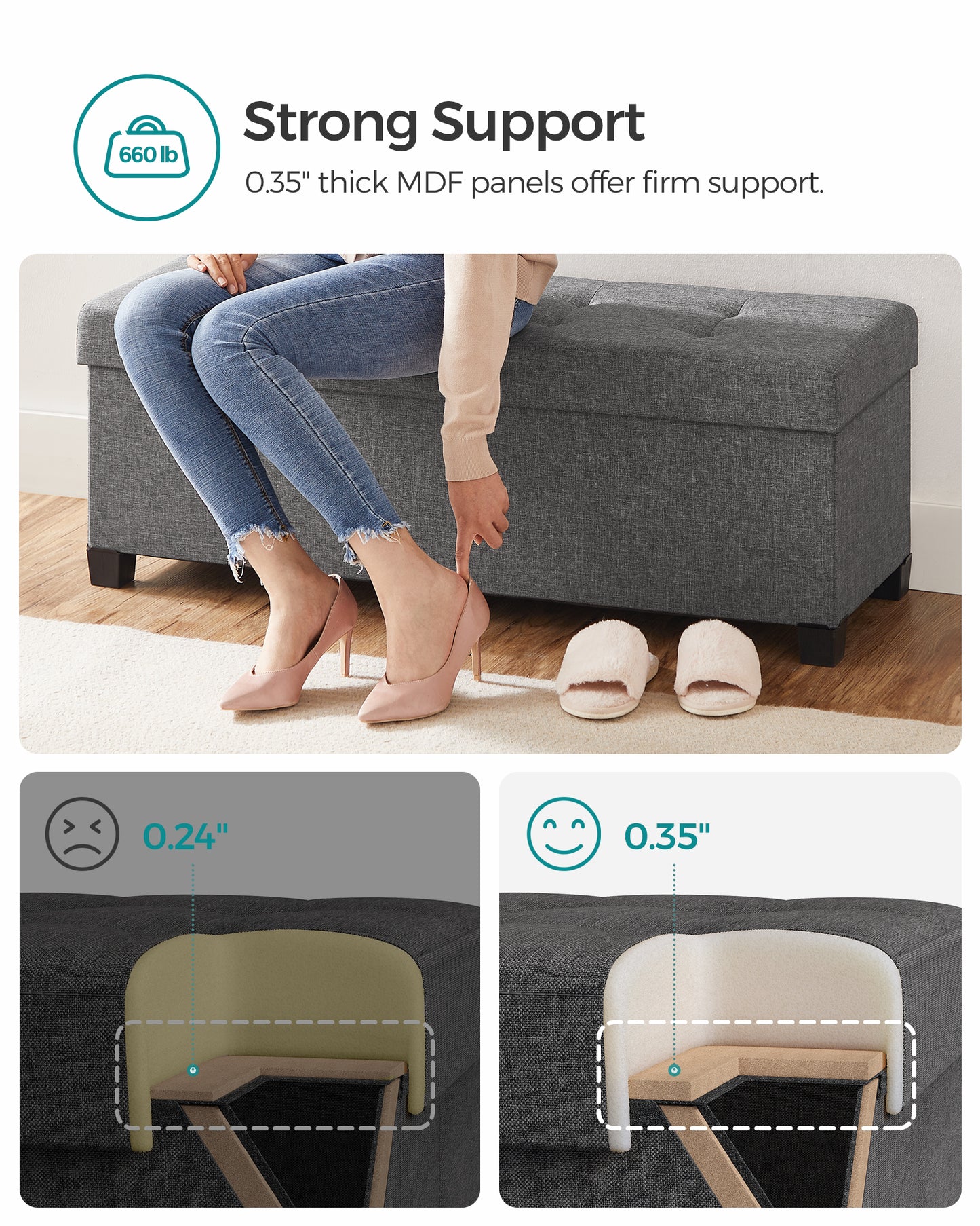 Storage Ottoman Bench, Foldable Foot Rest with Legs, End of Bed Bench, Storage Chest, Load up to 660 lb Entryway Dark Gray