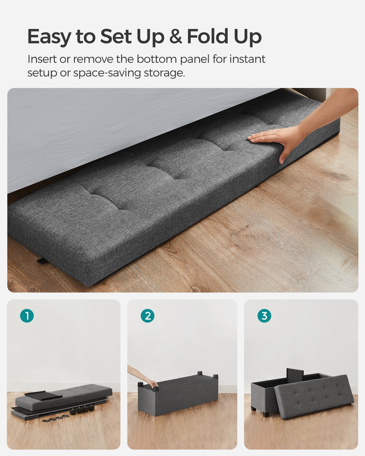 Storage Ottoman Bench, Foldable Foot Rest with Legs, End of Bed Bench, Storage Chest, Load up to 660 lb Entryway Dark Gray